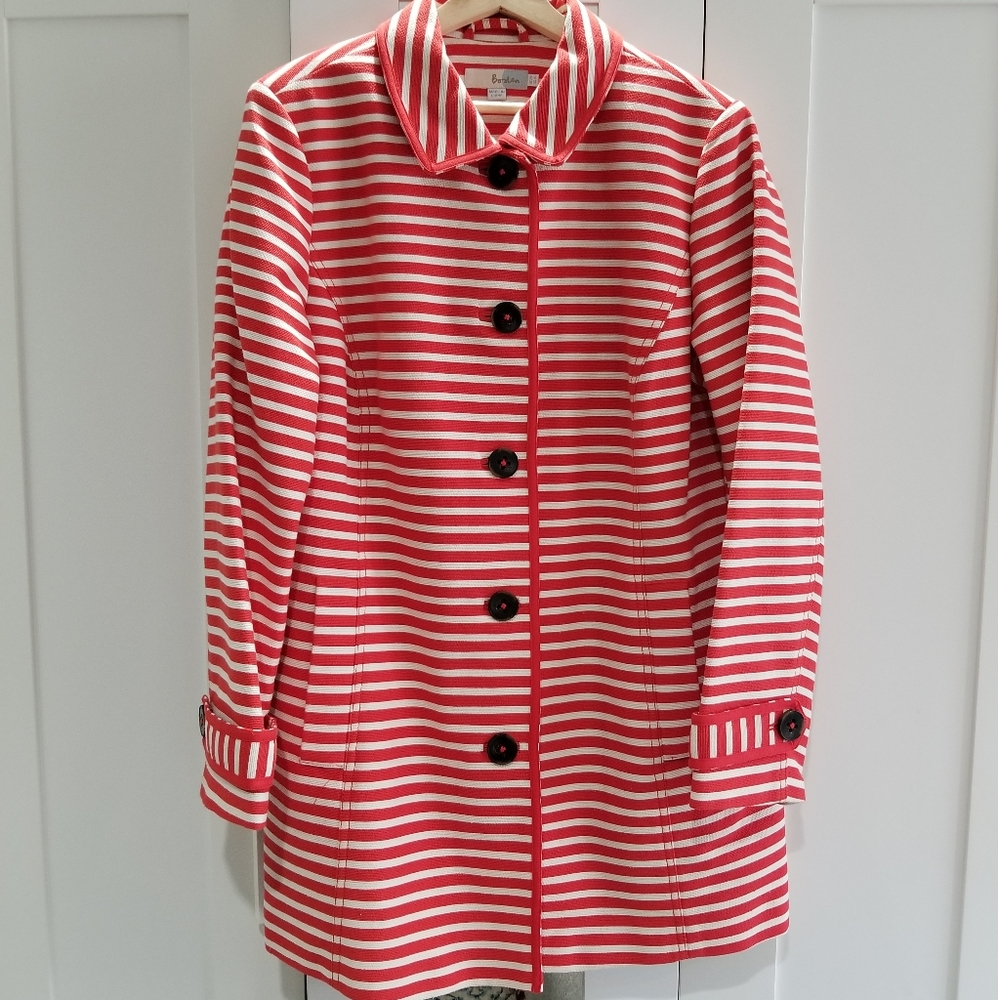 Boden Women’s Red & White Striped Coat -Classic Button Front,Pockets Button Cuff